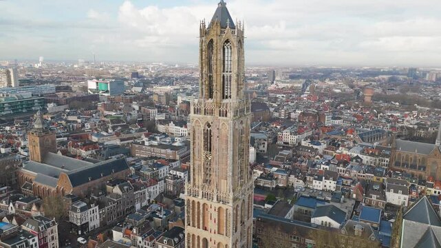 Aerial drone photo of the dom tower in the city center of Utrecht, the Netherlands.