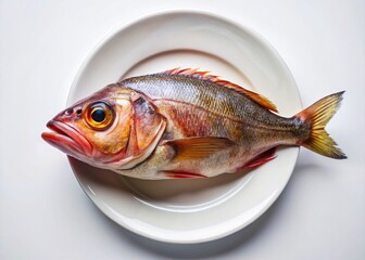 Fresh Fish Head on White Plate, Aerial View, Gourmet Seafood Dish