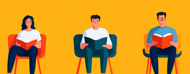 Reading individuals engaged in books on colorful chairs, promoting literacy and community