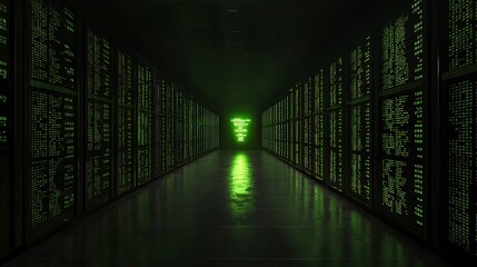 Dark server room with glowing green data screens creating a futuristic atmosphere