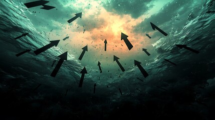 Dark underwater scene with upward arrows against a moody sky, symbolizing hope and direction