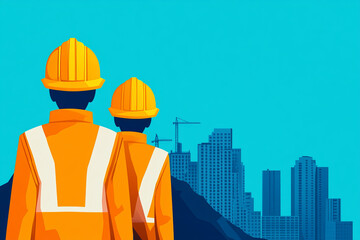 Construction workers in safety gear observing city skyline