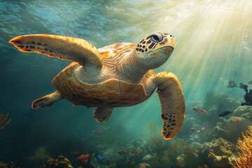 Naklejka premium Ocean life captured in vibrant underwater scene with divers