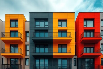 Fototapeta premium Modern apartment building showcasing vibrant colored facades under a cloudy sky