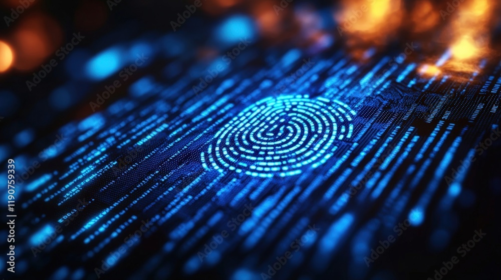 Poster futuristic digital fingerprint with binary data and glowing effects in cybersecurity concepts and te