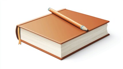 Brown hardcover book with pencil on top, isolated on white background.
