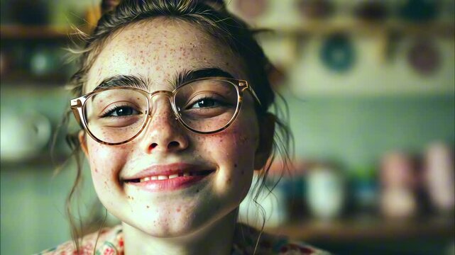close-up portrait of girl with freckles in glasses opening eyes and smiling
