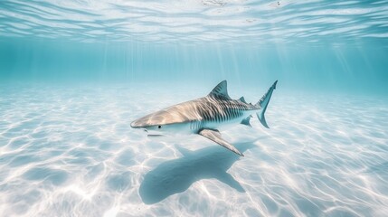 Fototapeta premium Tiger shark swimming in shallow, clear ocean water.