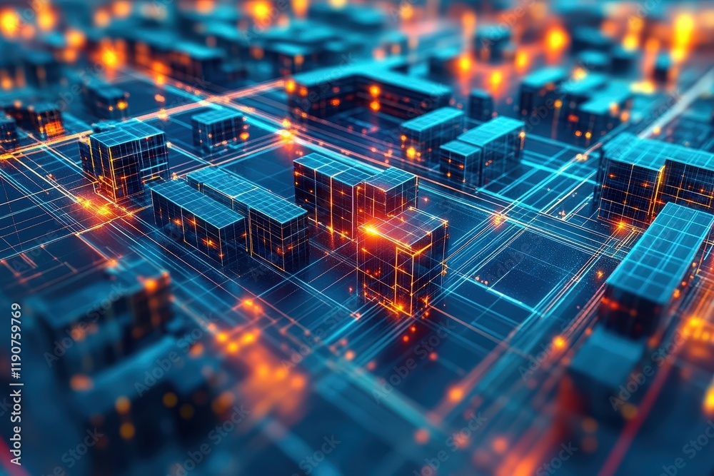 Poster futuristic abstract cityscape with glowing lights and grid technology in a high-tech environment for