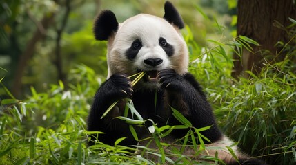 Obraz premium Giant Panda Enjoying Bamboo in Natural Setting