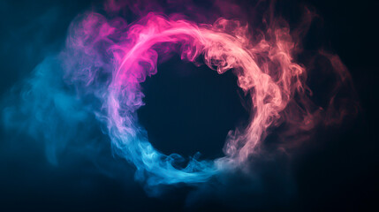 Abstract colorful ring of smoke against a dark background.