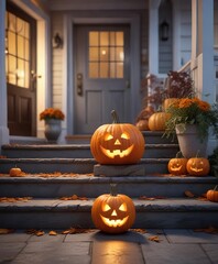 Obraz premium Carved Jack O Lantern pumpkin on a porch step, seasonal decor, autumnal ambiance, carved pumpkins