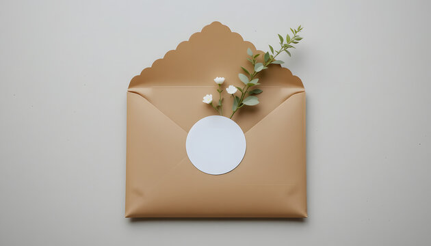 A craft paper envelope with a blank sticker, decorated with small white flowers and a green sprig.