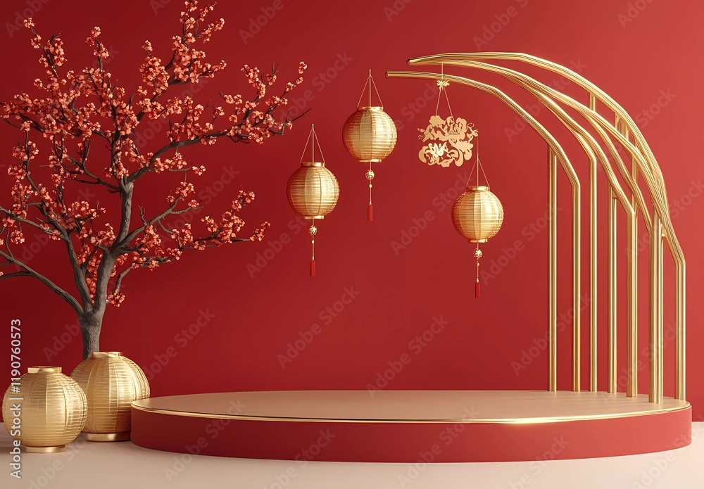 Poster 3d rendering of a podium display with a chinese new year background, featuring a red and gold color 