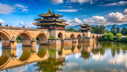 A traditional pavilion reflecting in a serene pond surrounded by lush gardens and ancient architecture, with a bridge over the water and a peaceful landscape in a park or palace