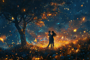 Obraz premium In a mystical glade, a couple dances tenderly amidst a swarm of glowing fireflies, creating an enchanting atmosphere filled with romance as dusk settles softly around them.