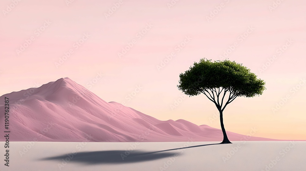 Wall mural a solitary tree stands against a serene landscape of soft pink mountains, creating a tranquil and mi