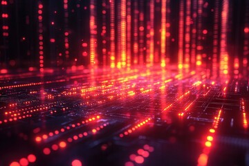 Fototapeta premium Dynamic flow of red lights illuminating a digital landscape filled with data patterns
