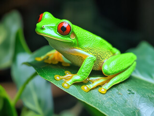 Obraz premium vibrant red eyed tree frog resting on green leaf, closeup detail