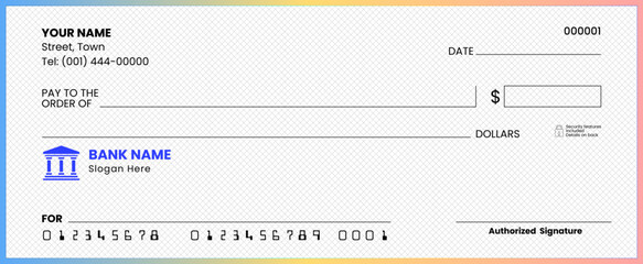 Blank bank check template, generic American cheque design in vector format, ideal for financial and professional purposes