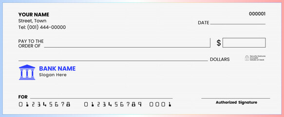Blank bank check template, generic American cheque design in vector format, ideal for financial and professional purposes