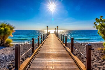 Obraz premium Santorini Kamari Beach Walkway: Minimalist Summer Scene in Greece