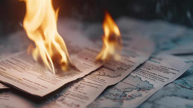 Burning financial documents scattered on global map, symbolizing loss