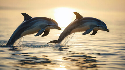 Fototapeta premium Playful dolphins jumping together in calm ocean