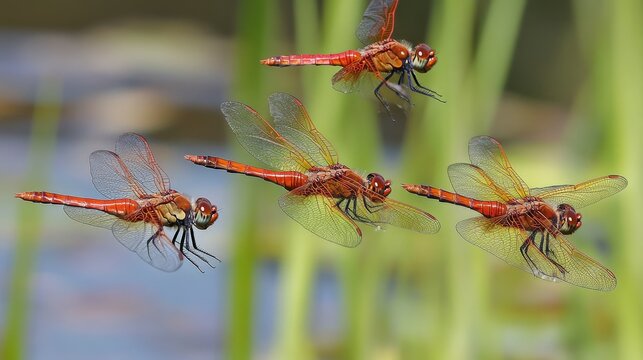 Vibrant Red Dragonflies in Flight Over a Serene Pond Surrounded by Lush Greenery Captured in Stunning Detail and Natural Light