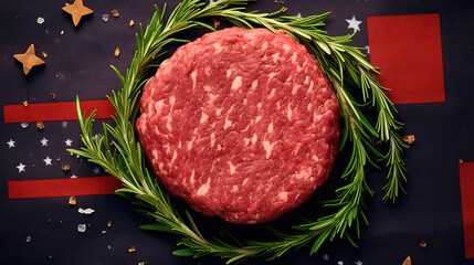 Superb pair of cooked steaks placed on a dark stone surface