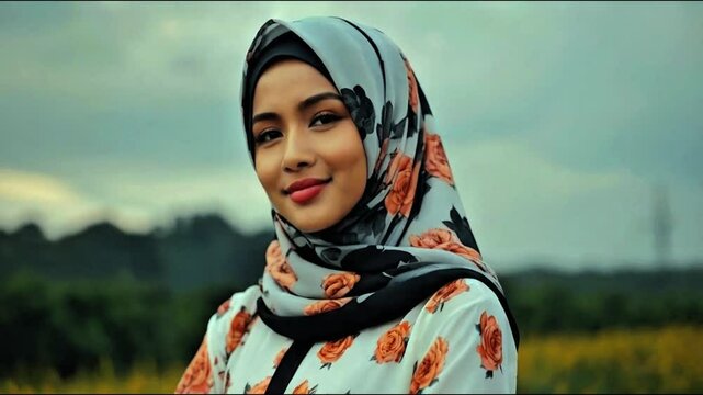 Beautiful attractive young woman in hijab teasing and flirting with eyes and smile in face, female or girl wearing hijab in outdoor filed generative AI