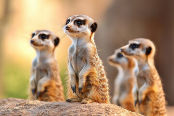 Fototapeta premium Alert meerkats standing on rock, observing their surroundings