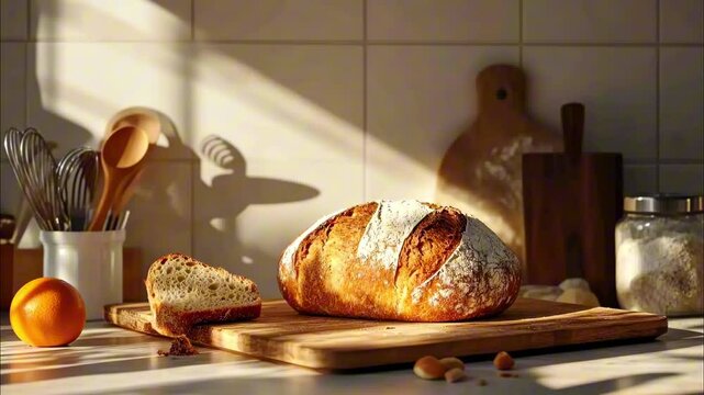 fresh bread resting on a wooden board with a sliced piece beside it in a cozy kitchen setting illuminated by natural light from a window, creating a warm atmosphere. concept of food industry, bakery, 
