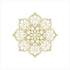 A vector illustration of a mandala silhouette with a white background. The mandala has a circular pattern with multiple layers of interlocking geometric shapes, including triangles, squares, and circl