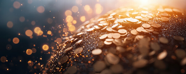 Shimmering coins scattered on dark surface, creating magical atmosphere