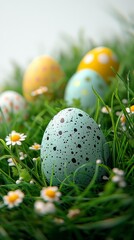 Fototapeta premium Colorful Easter Eggs Surrounded by Grass and Flowers in a Minimalist Setting for Celebrating Spring and Festivities
