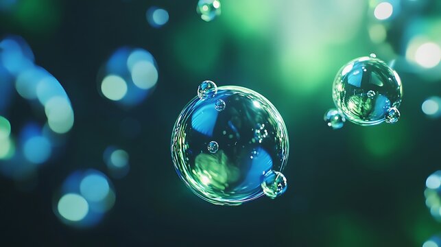 Transparent soap bubbles floating in mid-air with reflections on a blurred green background.
