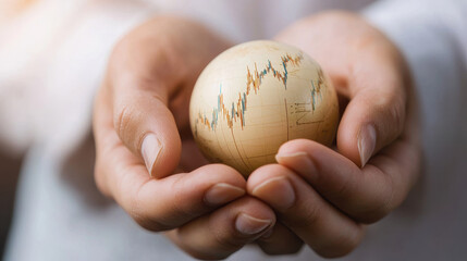 Hands holding miniature globe with fluctuating trade data, symbolizing global finance