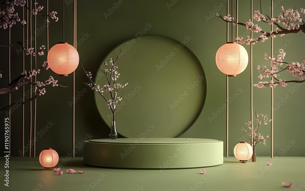 Fototapete 3d vector green background with a podium and lunar new year elements. happy lunar new year celebrati