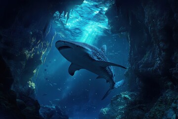 Obraz premium Whale shark glides in bioluminescent underwater cave with ocean view