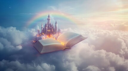 Obraz premium A floating castle surrounded by glowing clouds and a rainbow bridge, with an open book glowing on a balcony overlooking the sky, book fantasy with copy space