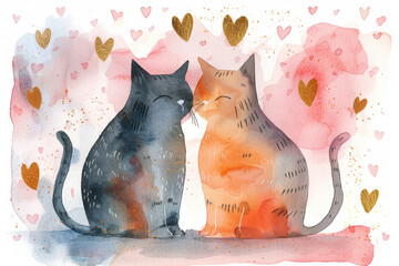 This charming watercolor card showcases a pair of joyful cats, one gray and one orange, nestled...