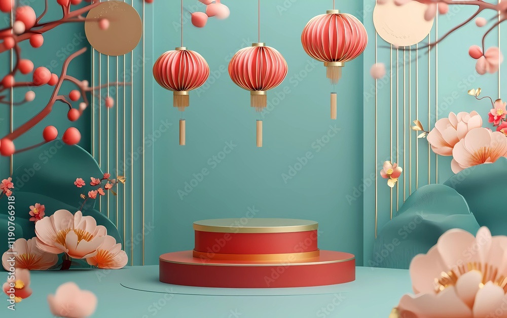 Fototapete 3d vector green background with a podium and lunar new year elements. happy lunar new year celebrati