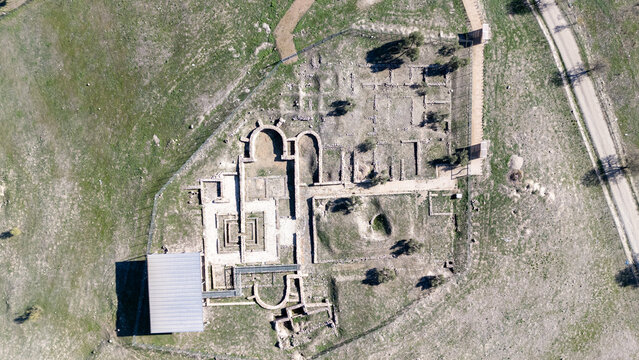 Aerial View of Ancient Ruins and Pathways from the Roman Villa of Brunel in Quesada, Jaen, Spain