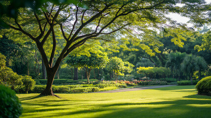 Fototapeta premium Blurred Nature Garden Background with Greenery and Defocused Trees