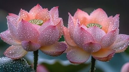 Two pink lotus flowers with dew drops.