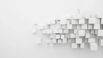 A minimalist composition of white cubes arranged on a white background.