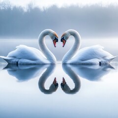 A pair of swans forming a heart shape with their necks reflected in the waters of the lake