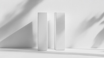 Fototapeta premium Two blank white boxes on white background with leaf shadows.
