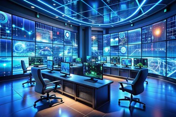 Futuristic Tech Control Room:  Large & Small Monitors, Server Room, Data Center, Network, Cybersecurity
